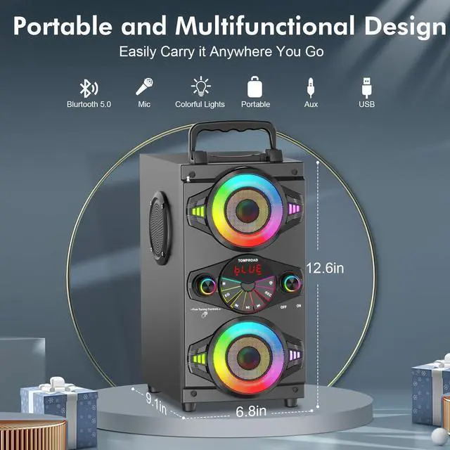 Alt view image 2 of 7 - Bluetooth Speakers, 60W Portable Wireless Loud Outdoor Home Party Bluetooth Speaker with Subwoofer, FM Radio, LED Colorful Lights, Microphone, Remote and Big Powerful Stereo Deep Bass Sound Boombox
