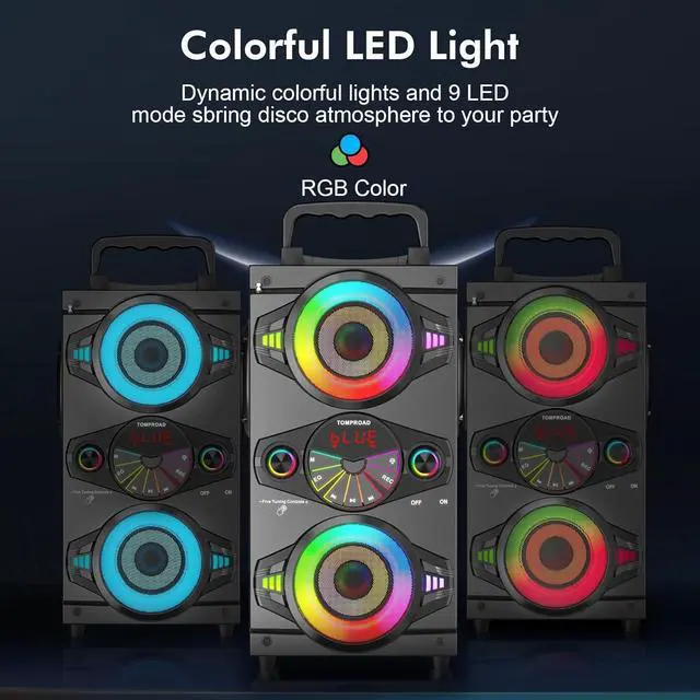 Alt view image 3 of 7 - Bluetooth Speakers, 60W Portable Wireless Loud Outdoor Home Party Bluetooth Speaker with Subwoofer, FM Radio, LED Colorful Lights, Microphone, Remote and Big Powerful Stereo Deep Bass Sound Boombox