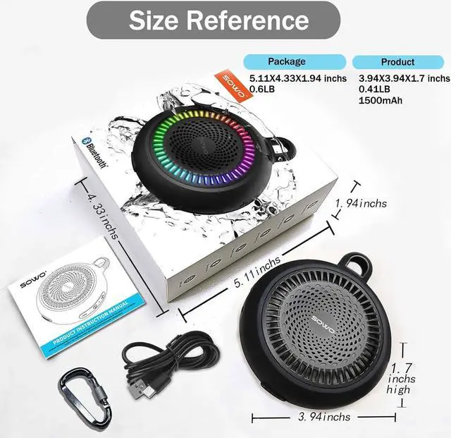 Alt view image 7 of 7 - Bluetooth Shower Speaker Waterproof | Small Portable Bluetooth Speaker Wireless with Clip | Powerful Bass and Louder Volume | Colorful Lights and Lightweight | with TWS Pairing | Black