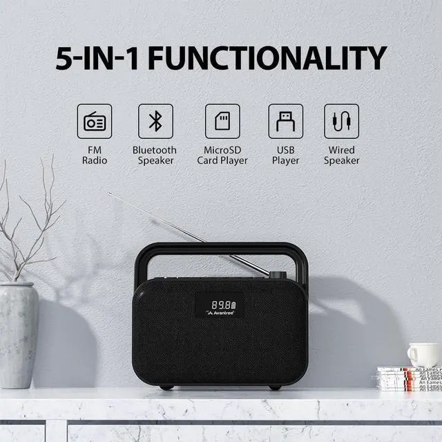 Alt view image 4 of 7 - Avantree PowerByte - Portable FM Radio with Powerful 30W Stereo Bluetooth Speakers & SD Card Player, 20hr Rechargeable Playtime, and Extended Range, Wireless & Wired Speaker & U Disk Player