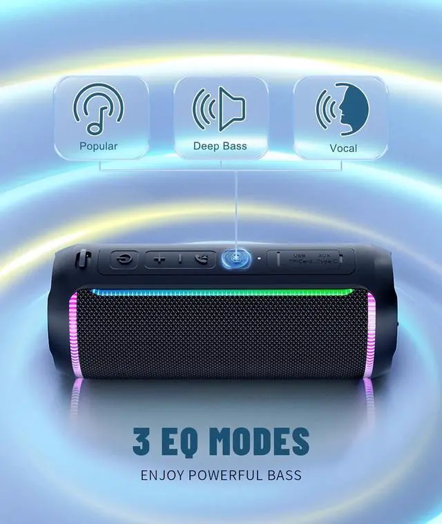 Alt view image 4 of 7 - Ortizan Portable Bluetooth Speaker, 40W Loud Sound and Deep Bass, IPX7 Waterproof, True Wireless Stereo, Bluetooth 5.3, Colorful Flashing Lights, Preset EQ, USB Play, for Home, Outdoor, Party, Black