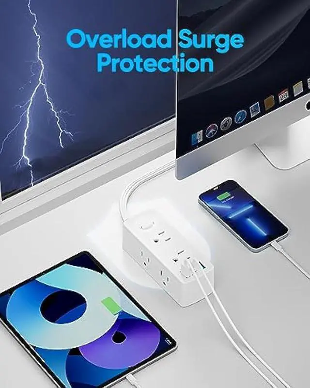Alt view image 6 of 6 - Power Strip Surge Protector, Olcorife Ultra Thin Flat Plug Extension Cord 5ft, 6 Outlets 3 USB Ports(1 USB C), 3 Sided Outlet Extender for Home Office Travel Dorm Room Essentials