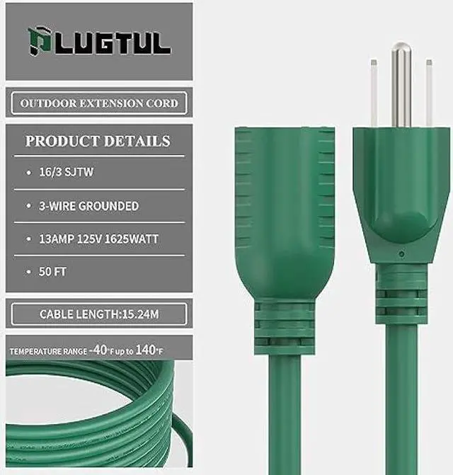 Alt view image 2 of 7 - PLUGTUL 50 FT Outdoor Extension Cord Waterproof 16/3 Green Heavy Duty 3 Prong Extension Cord, 13A 1625W SJTW, ETL Listed, Great for Garden and Home