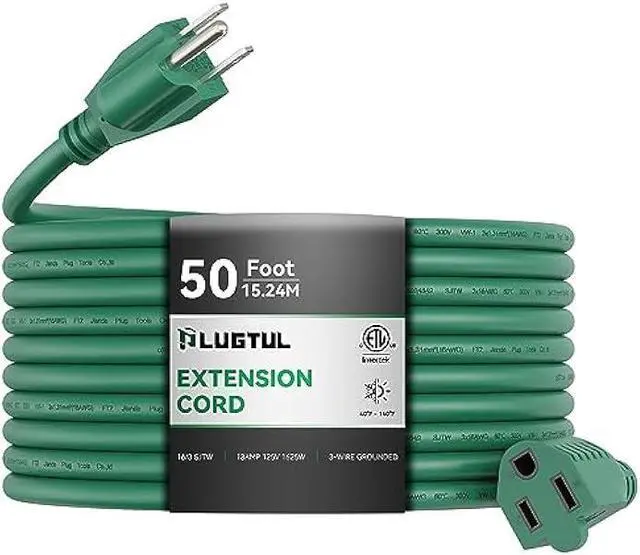 Main image of PLUGTUL 50 FT Outdoor Extension Cord Waterproof 16/3 Green Heavy Duty 3 Prong Extension Cord, 13A 1625W SJTW, ETL Listed, Great for Garden and Home