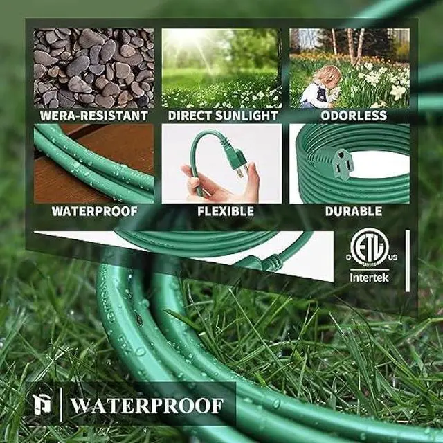 Alt view image 5 of 7 - PLUGTUL 50 FT Outdoor Extension Cord Waterproof 16/3 Green Heavy Duty 3 Prong Extension Cord, 13A 1625W SJTW, ETL Listed, Great for Garden and Home