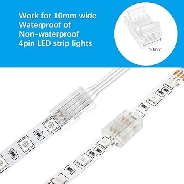Alt view image 3 of 7 - VIPMOON 32.8ft 4 Pin RGB Extension Cable Wire Cord and 10Pcs 4 Pin LED Light Strip Connectors Strip to Wire Quick Connection for 10mm Wide Waterproof or Non-Waterproof 5050 3528 LED RGB Strip Light