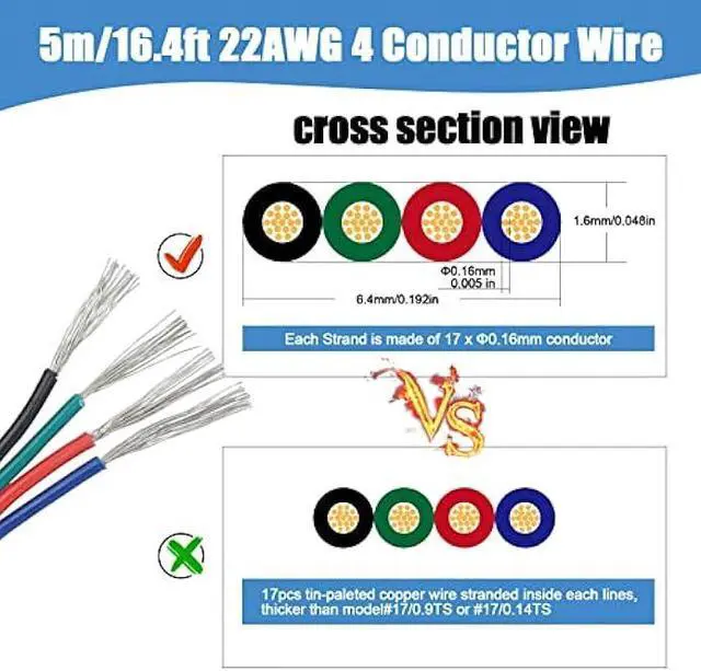 Alt view image 2 of 6 - Rifachua 22 Gauge AWG 4 Pin RGB LED Strip Extension Cable Wire Cord 16.4ft and 12 Pcs 10mm RGB LED Strip Light Connectors No Wire Stripping for 3528 5050 RGB LED Light Strips