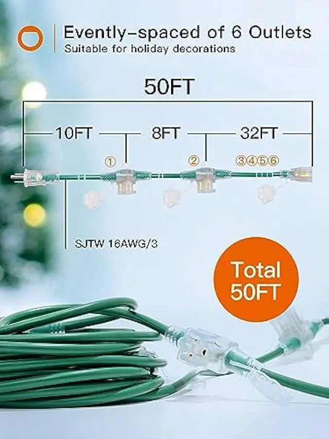 Alt view image 6 of 7 - addlon 50FT Outdoor Extension Cord with Mutil Outlets Evenly Spaced 6 Outlets 16/3 SJTW Weatherproof Power Cable for Indoor Outdoor Christmas Halloween with Indicator Lights ETL Listed
