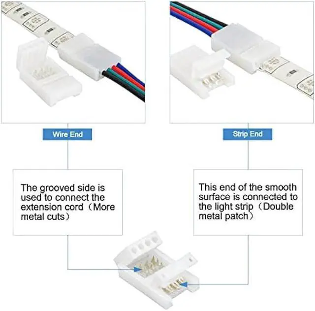Alt view image 3 of 6 - Rifachua 22 Gauge AWG 4 Pin RGB LED Strip Extension Cable Wire Cord 16.4ft and 12 Pcs 10mm RGB LED Strip Light Connectors No Wire Stripping for 3528 5050 RGB LED Light Strips