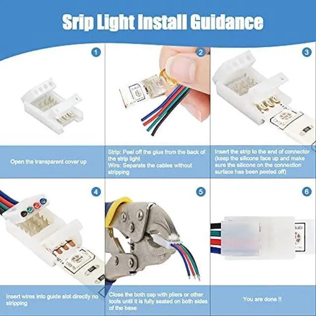 Alt view image 5 of 6 - Rifachua 22 Gauge AWG 4 Pin RGB LED Strip Extension Cable Wire Cord 16.4ft and 12 Pcs 10mm RGB LED Strip Light Connectors No Wire Stripping for 3528 5050 RGB LED Light Strips