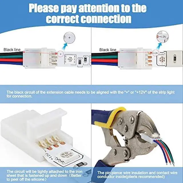 Alt view image 4 of 6 - Rifachua 22 Gauge AWG 4 Pin RGB LED Strip Extension Cable Wire Cord 16.4ft and 12 Pcs 10mm RGB LED Strip Light Connectors No Wire Stripping for 3528 5050 RGB LED Light Strips