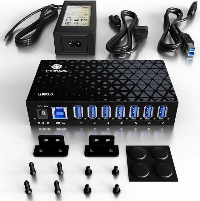 Alt view image 6 of 7 - 7 Port USB 3.0 Hub - Powered USB Hub Multiple USB Splitter with Built-in 12V/3A/36W Power Adapter - Up to 5Gbps Sync & High-Speed Data Transfer - Mounting Brackets for Phone MB Laptop Tablet PC