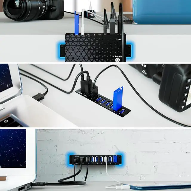 Alt view image 7 of 7 - 7 Port USB 3.0 Hub - Powered USB Hub Multiple USB Splitter with Built-in 12V/3A/36W Power Adapter - Up to 5Gbps Sync & High-Speed Data Transfer - Mounting Brackets for Phone MB Laptop Tablet PC