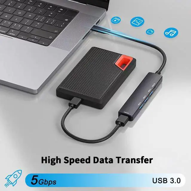 Alt view image 3 of 7 - 5-Port Powred USB 3.0 Hub USB Extender Splitter with 5V USB-C Power/Data Port Extender for A Port Laptop PC PS4/5 Xbox Car and More