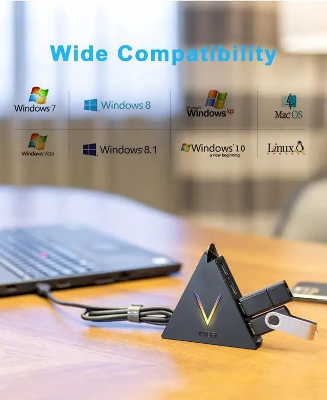 Alt view image 7 of 7 - 4-Port USB 3.0 Hub, FlyingVHUB Vertical Data USB Hub with 2 ft Extended Cable, for Mac, PC, Xbox One, PS4, PS5, iMac, Surface Pro, XPS, Laptop, Desktop, Flash Drive, Mobile HDD