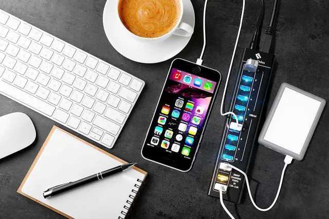 Alt view image 7 of 7 - Powered USB Hub - USB 3.0 Ports Hub with 3 Smart Charging Ports, Power Adapter, Long Cord, LEDs (13-port USB Hub)