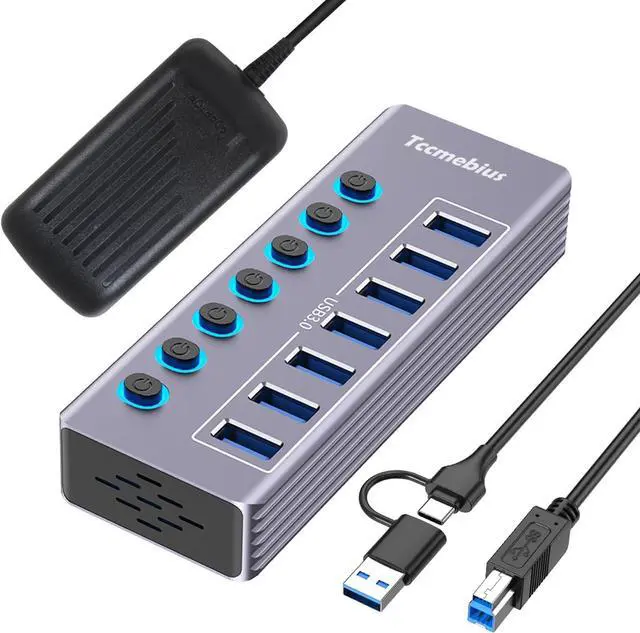 Main image of Powered 7-Port USB 3.0 Hub, USB C to 7 Ports USB Data Hub Splitter with Individual LED On/Off Switche, 3.3FT Cable, 12V/3A Power Adapter, for Laptop MacBook Pro/Air PC (Aluminum Gary)