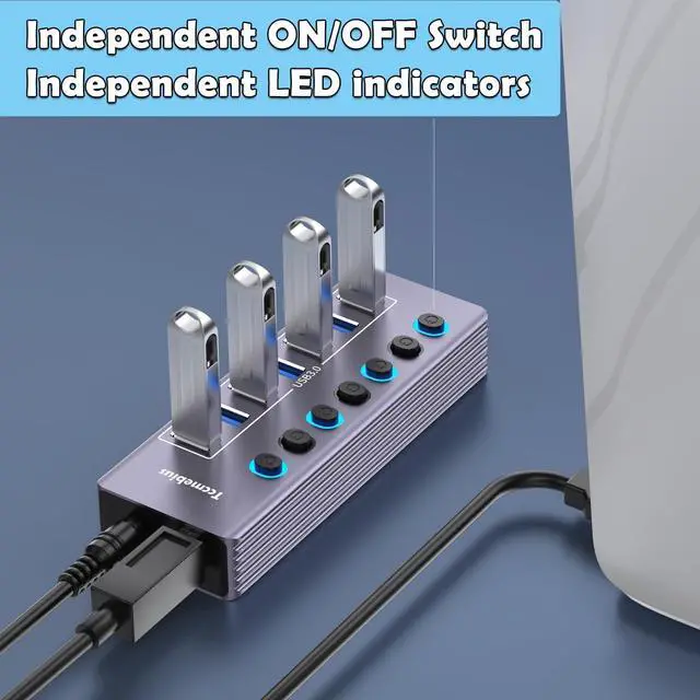 Alt view image 3 of 7 - Powered 7-Port USB 3.0 Hub, USB C to 7 Ports USB Data Hub Splitter with Individual LED On/Off Switche, 3.3FT Cable, 12V/3A Power Adapter, for Laptop MacBook Pro/Air PC (Aluminum Gary)