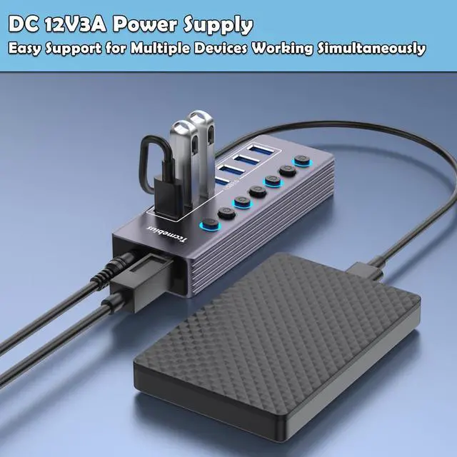 Alt view image 6 of 7 - Powered 7-Port USB 3.0 Hub, USB C to 7 Ports USB Data Hub Splitter with Individual LED On/Off Switche, 3.3FT Cable, 12V/3A Power Adapter, for Laptop MacBook Pro/Air PC (Aluminum Gary)
