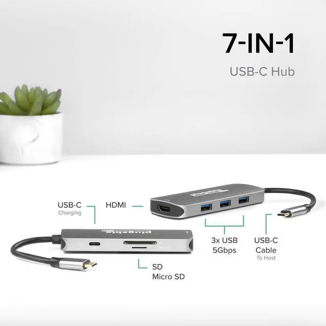 Alt view image 3 of 7 - Plugable USB-C Hub 7-in-1, Driverless USB C Hub Compatible with Mac, Windows, Chromebook, USB4, Thunderbolt 4, and More (4K HDMI, 3 USB 3.0, SD & microSD Card Reader, 100W Charging)