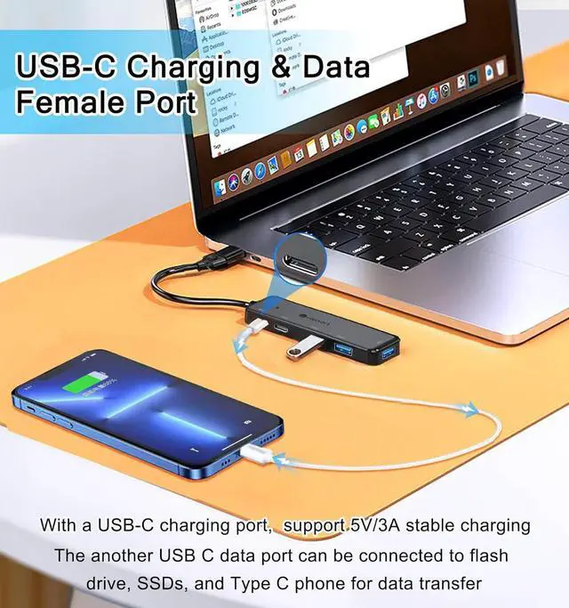 Alt view image 4 of 7 - USB 3.0 Hub (5 in 1), USB C Hub, USB C to USB 3.0 Hub Adapter with USB C Power/Data Ports, USB Extender USB A&C Docking Station for Laptop PC MacBook Dell, HP, PS4/5, SSD and More
