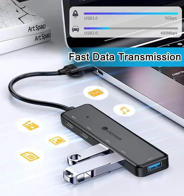Alt view image 5 of 7 - VIENON USB 3.0 Hub (5 in 1) USB C Hub USB C to USB 3.0 Hub Adapter with USB C Power/Data Ports USB Extender USB A&C Docking Station for Laptop PC MacBook  HP PS4/5 SSD and More