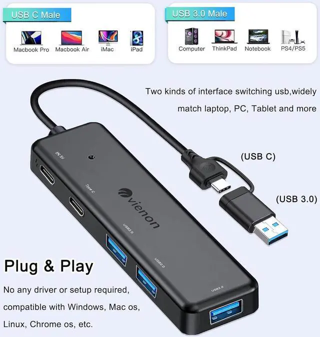 Alt view image 7 of 7 - VIENON USB 3.0 Hub (5 in 1) USB C Hub USB C to USB 3.0 Hub Adapter with USB C Power/Data Ports USB Extender USB A&C Docking Station for Laptop PC MacBook  HP PS4/5 SSD and More