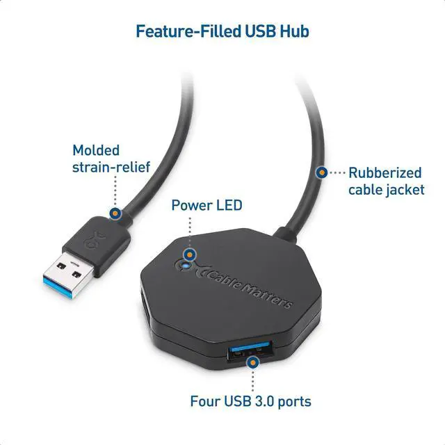 Alt view image 4 of 7 - Cable Matters Ultra Mini 4 Port USB Hub with Long 4 ft Extension Cable Tail, USB 3.0 Hub with Multiple Ports for Up to 5Gbps Data Transfer Rate, Black