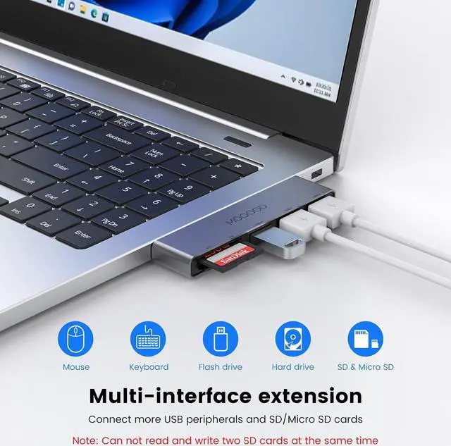 Alt view image 2 of 7 - 5-Port USB Hub USB Splitter for Laptop USB 3.0 Dual Slot Flash Memory Card Reader for Camera USB Hub Multiport Adapter with 1USB 3.0 & 2USB 2.0 SD/TF Card Reader for   HP MacBook Air
