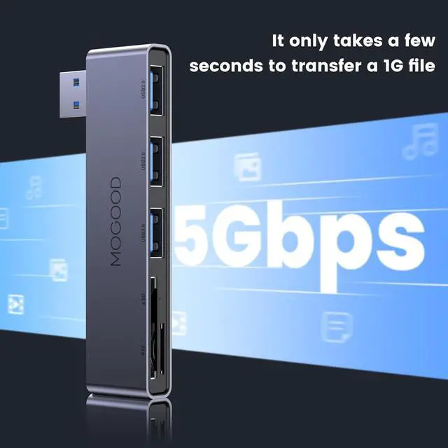 Alt view image 4 of 7 - 5-Port USB Hub USB Splitter for Laptop USB 3.0 Dual Slot Flash Memory Card Reader for Camera USB Hub Multiport Adapter with 1USB 3.0 & 2USB 2.0 SD/TF Card Reader for   HP MacBook Air