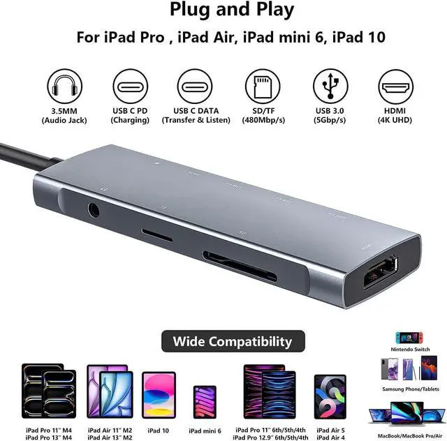 Alt view image 2 of 7 - USB C HUB for iPad Pro 9-in-1 Adapter iPad Pro M4 M2 M1 13 12.9 11 inch iPad Air 5 4 Docking Station with 4K HDMI, USB-C PD, SD/TF Card Reader, USB 3.0, 3.5mm Headphone Jack, Type C Data, iPad Mini 6