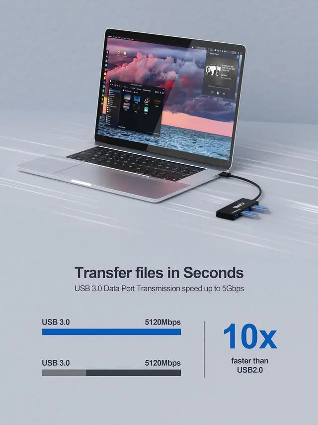 Alt view image 3 of 7 - USB 3.0 Hub, 4 Port USB Hub Splitter, USB A Expander Portable USB Adapter Multiport Data Hub for Laptop, iMac Pro, MacBook Air, Mac Mini/Pro, Surface Pro, USB Flash Drives, and Mobile HDD-Black