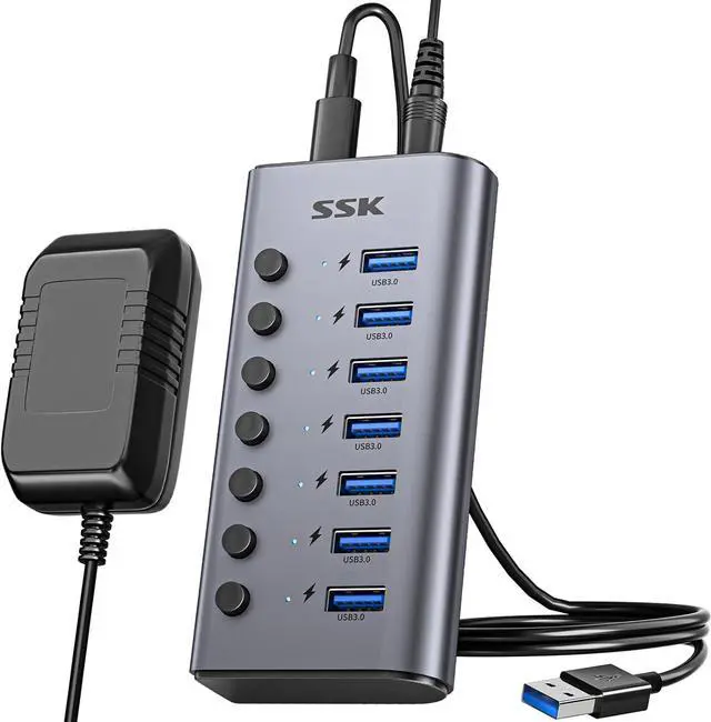 Main image of SSK 7-Port Powered USB 3.0 Hub, Aluminum USB Extension Splitter with Individual Power Switches and LEDs,Thunderbolt 3/4 5Gbps Data USB Charging Hub with DC12V3A Adapter and 3.93ft/1.2m Long Cable