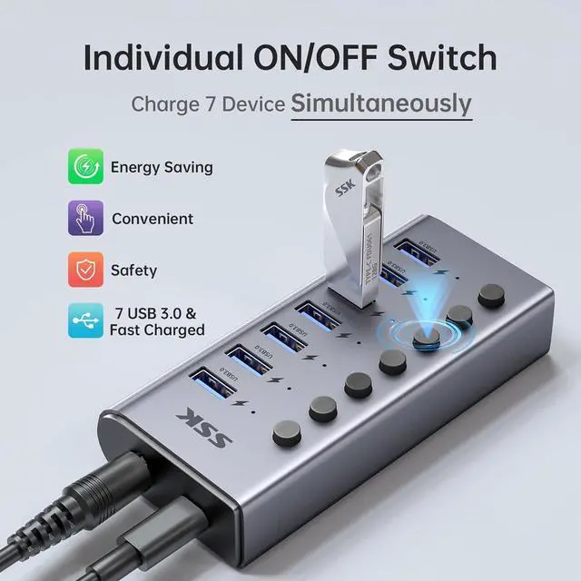 Alt view image 2 of 7 - SSK 7-Port Powered USB 3.0 Hub, Aluminum USB Extension Splitter with Individual Power Switches and LEDs,Thunderbolt 3/4 5Gbps Data USB Charging Hub with DC12V3A Adapter and 3.93ft/1.2m Long Cable