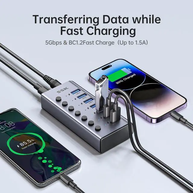 Alt view image 3 of 7 - SSK 7-Port Powered USB 3.0 Hub, Aluminum USB Extension Splitter with Individual Power Switches and LEDs,Thunderbolt 3/4 5Gbps Data USB Charging Hub with DC12V3A Adapter and 3.93ft/1.2m Long Cable