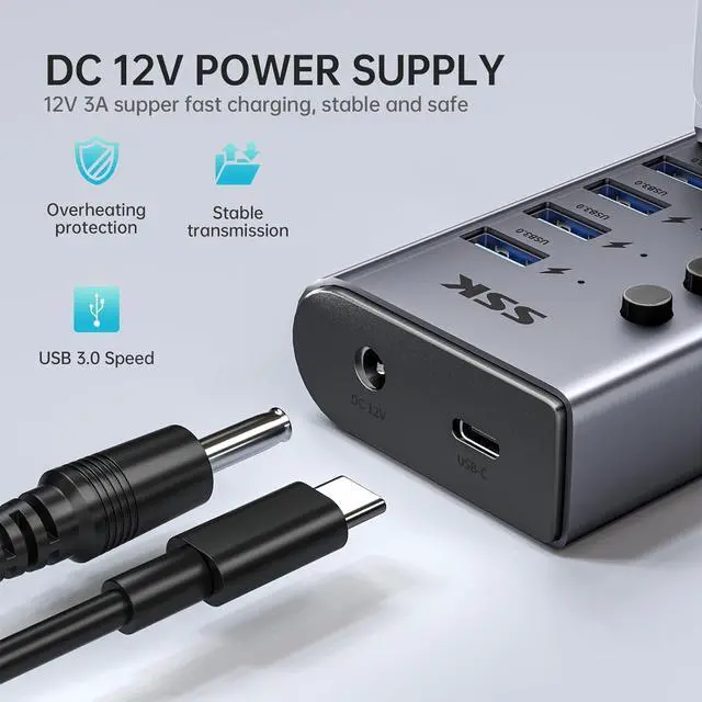 Alt view image 4 of 7 - SSK 7-Port Powered USB 3.0 Hub, Aluminum USB Extension Splitter with Individual Power Switches and LEDs,Thunderbolt 3/4 5Gbps Data USB Charging Hub with DC12V3A Adapter and 3.93ft/1.2m Long Cable