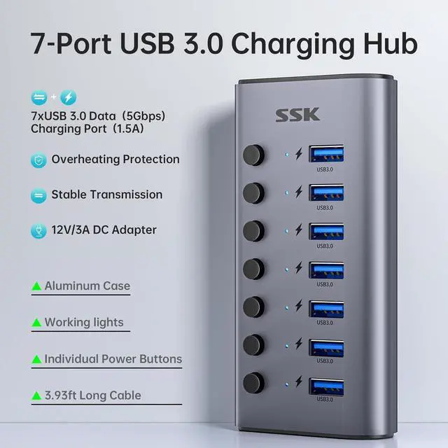 Alt view image 5 of 7 - SSK 7-Port Powered USB 3.0 Hub, Aluminum USB Extension Splitter with Individual Power Switches and LEDs,Thunderbolt 3/4 5Gbps Data USB Charging Hub with DC12V3A Adapter and 3.93ft/1.2m Long Cable