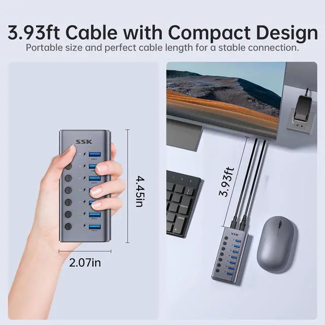 Alt view image 6 of 7 - SSK 7-Port Powered USB 3.0 Hub, Aluminum USB Extension Splitter with Individual Power Switches and LEDs,Thunderbolt 3/4 5Gbps Data USB Charging Hub with DC12V3A Adapter and 3.93ft/1.2m Long Cable