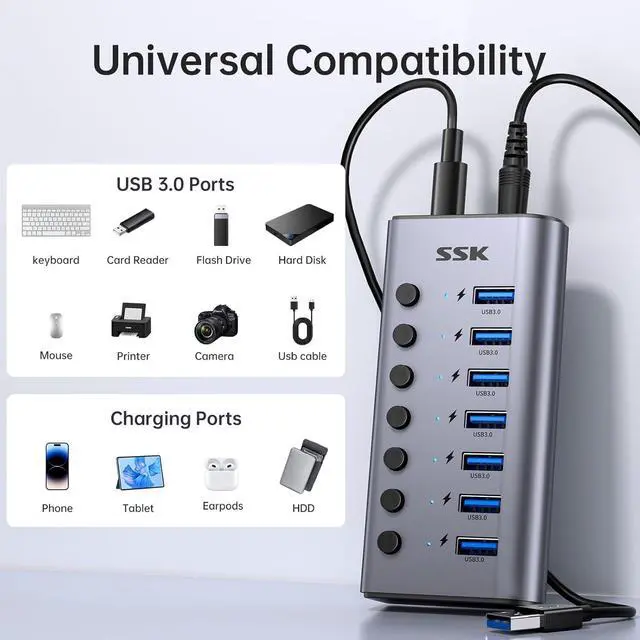 Alt view image 7 of 7 - SSK 7-Port Powered USB 3.0 Hub, Aluminum USB Extension Splitter with Individual Power Switches and LEDs,Thunderbolt 3/4 5Gbps Data USB Charging Hub with DC12V3A Adapter and 3.93ft/1.2m Long Cable