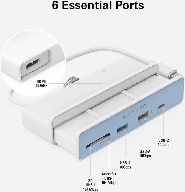 Alt view image 3 of 7 - HyperDrive iMac USB Hub Adapter, 6in1 iMac Accessories: HDMI 4K60Hz, USB-C 10Gbps, 2 USB-A 10Gbps, SD UHS-I, MicroSD UHS-I for iMac 2021 24 inch