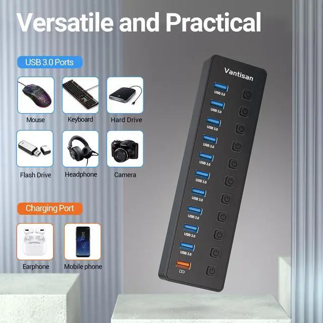 Alt view image 4 of 7 - Powered USB Hub 11-Port USB 3.0 Hub Splitter - 10 USB 3.0 Data Transfer Ports + 1 Smart Charging Port USB Hub 3.0 Powered with Individual LED On/Off Switches and 5V/4A Power Adapter