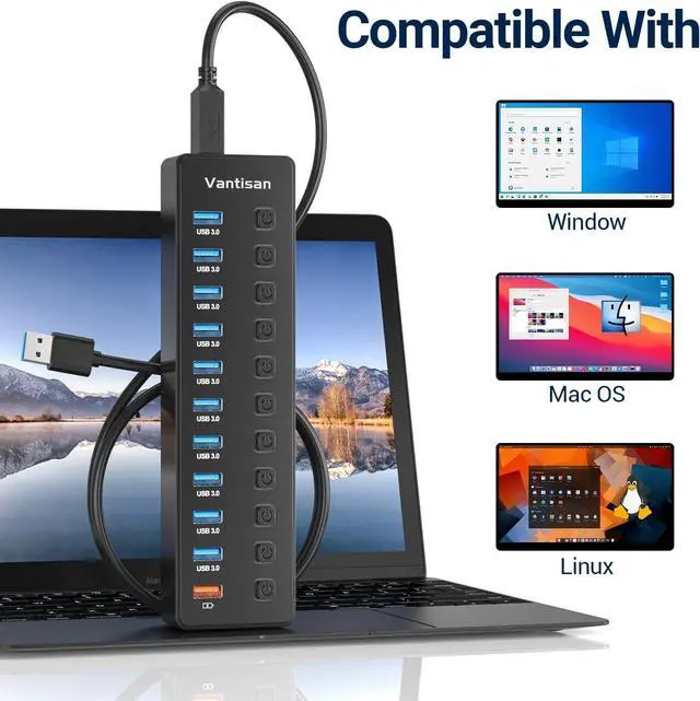 Alt view image 6 of 7 - Powered USB Hub 11-Port USB 3.0 Hub Splitter - 10 USB 3.0 Data Transfer Ports + 1 Smart Charging Port USB Hub 3.0 Powered with Individual LED On/Off Switches and 5V/4A Power Adapter