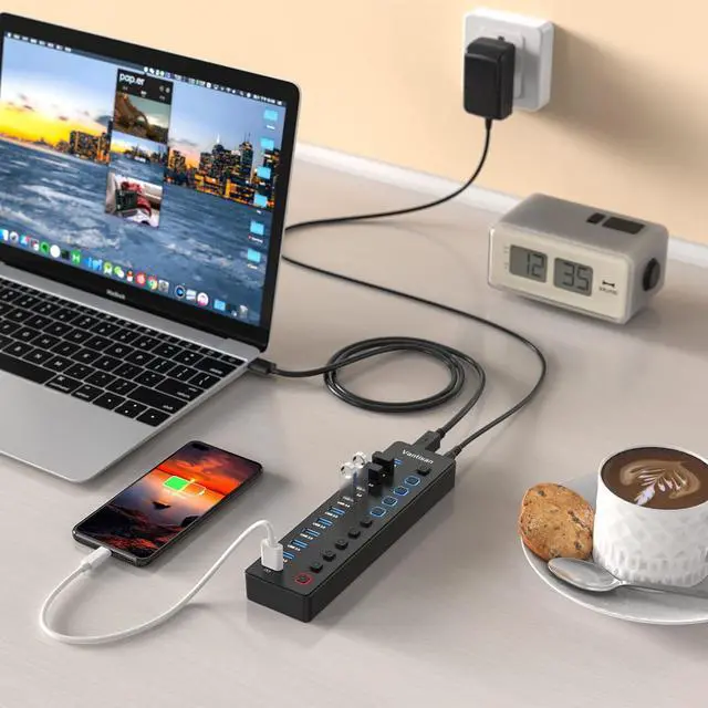 Alt view image 7 of 7 - Powered USB Hub 11-Port USB 3.0 Hub Splitter - 10 USB 3.0 Data Transfer Ports + 1 Smart Charging Port USB Hub 3.0 Powered with Individual LED On/Off Switches and 5V/4A Power Adapter