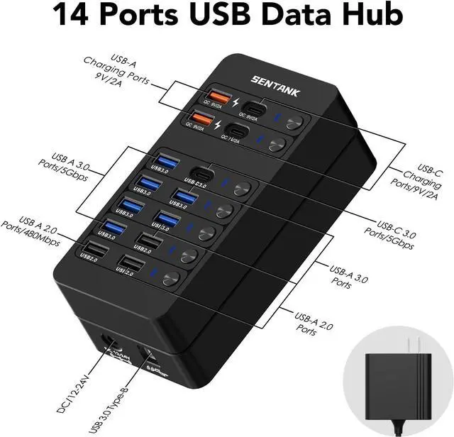 Alt view image 2 of 7 - Powered USB Hub,14 Ports USB Data Hub Splitter with 6 USB 3.0 Port,4 Charging Port,1 USB-C 3.0 Data Port,1 PD 60W Charging Port w LED Individual On/Off Switches for MacBook,Mac Pro,Laptop/PC