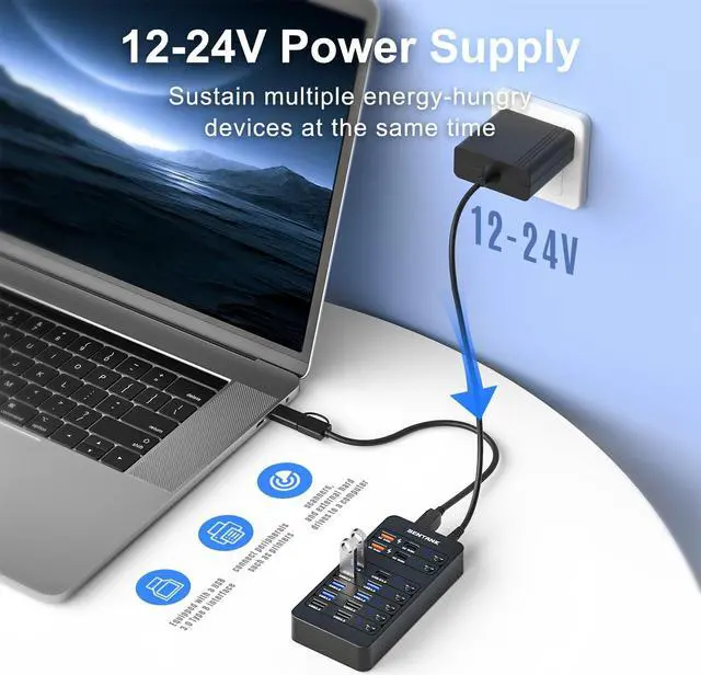 Alt view image 4 of 7 - Powered USB Hub,14 Ports USB Data Hub Splitter with 6 USB 3.0 Port,4 Charging Port,1 USB-C 3.0 Data Port,1 PD 60W Charging Port w LED Individual On/Off Switches for MacBook,Mac Pro,Laptop/PC