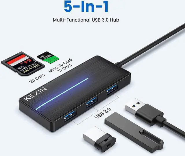 Alt view image 2 of 7 - KEXIN USB Hub 3.0 Ultra Slim USB Splitter 3 USB 3.0 Port USB Multipot Adapter with Card Reader 2ft Cable USB Extender Hub for HDD, USB Flash Drive, Keybord, Surface Pro (USB A Port)