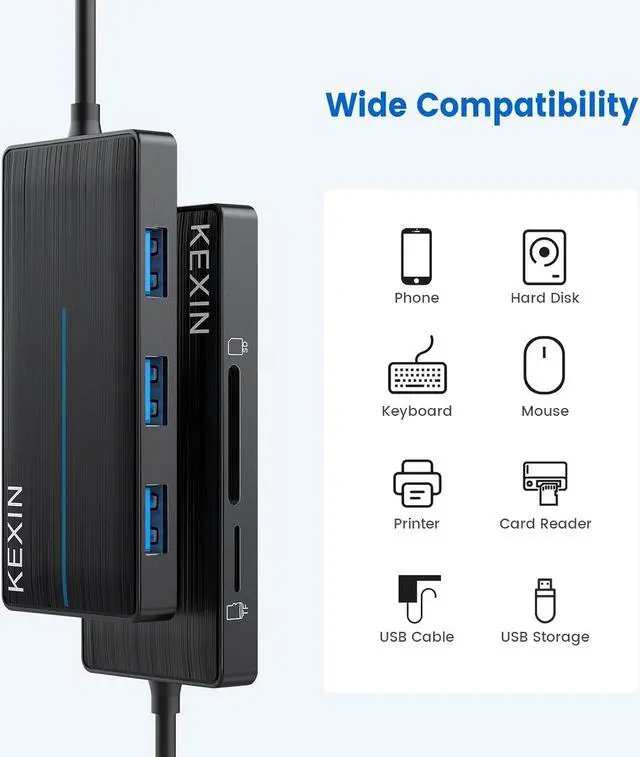 Alt view image 7 of 7 - KEXIN USB Hub 3.0 Ultra Slim USB Splitter 3 USB 3.0 Port USB Multipot Adapter with Card Reader 2ft Cable USB Extender Hub for HDD, USB Flash Drive, Keybord, Surface Pro (USB A Port)