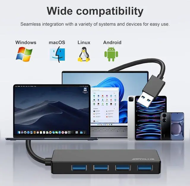 Alt view image 7 of 7 - USB Hub, Multiport USB Splitter Adapter, 2 ft Long Cable USB 3.0 Hub, USB Extender for Laptop, PC, iMac, Surface Pro, MacBook, Mac Pro, Flash Drive, XPS, Mouse, HDD