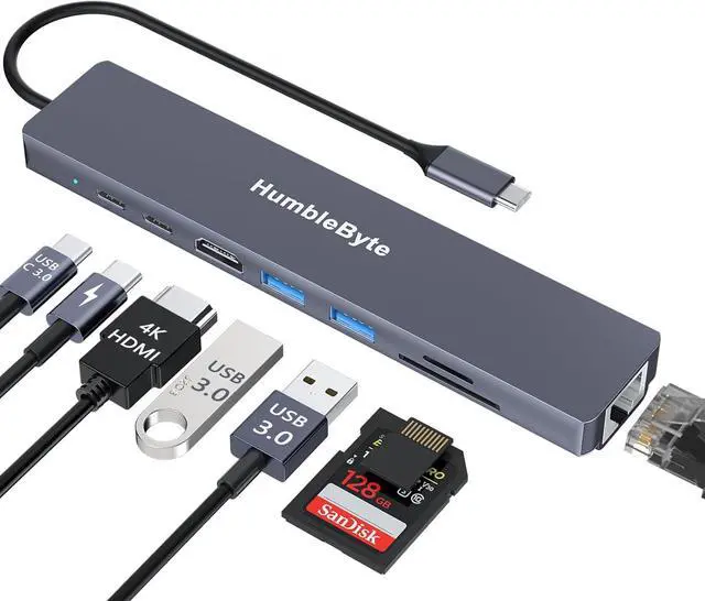 Main image of 8 in 1 USB C HUB, 4K HDMI, Gigabit Ethernet Multiport Hub, 5Gbps USB C and 2 USB A Data Ports, PD 100W Charging, SD/TF Card Reader, Pilot Lamp, for MacBook, Dell, HP, Lenovo, Surface ...