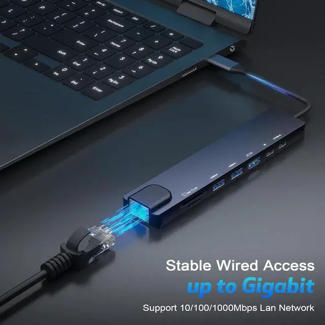 Alt view image 3 of 7 - 8 in 1 USB C HUB, 4K HDMI, Gigabit Ethernet Multiport Hub, 5Gbps USB C and 2 USB A Data Ports, PD 100W Charging, SD/TF Card Reader, Pilot Lamp, for MacBook, Dell, HP, Lenovo, Surface ...
